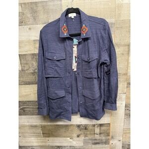 Umgee Shirt Jacket Button Front Women Small Blue Southwestern Embroidered